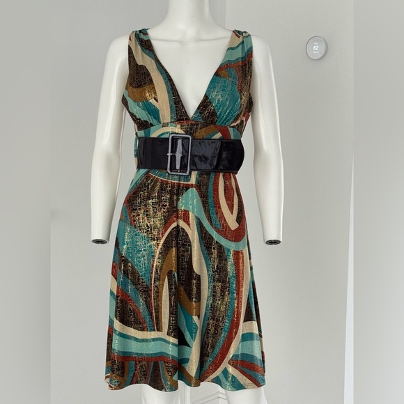 XOXO Vintage Multicolor V-Neck Dress with Belt Size S - Picture 1 of 9